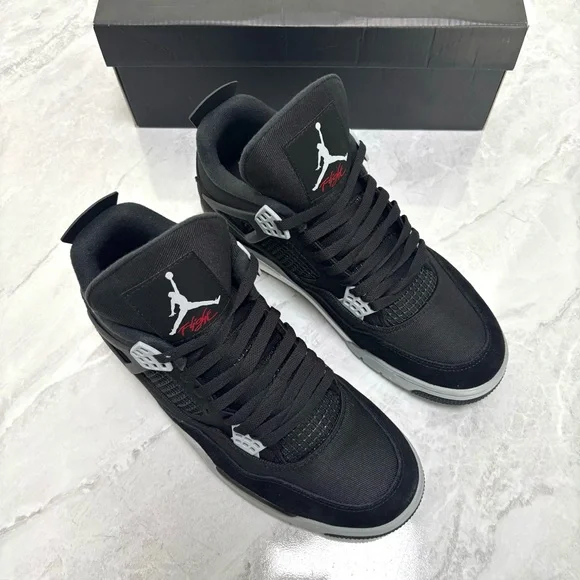 Brand New Retro 4 Black Canvas -Men’s Black/Gray Sneakers Shoes w/ Red Accents - Picture 3 of 6